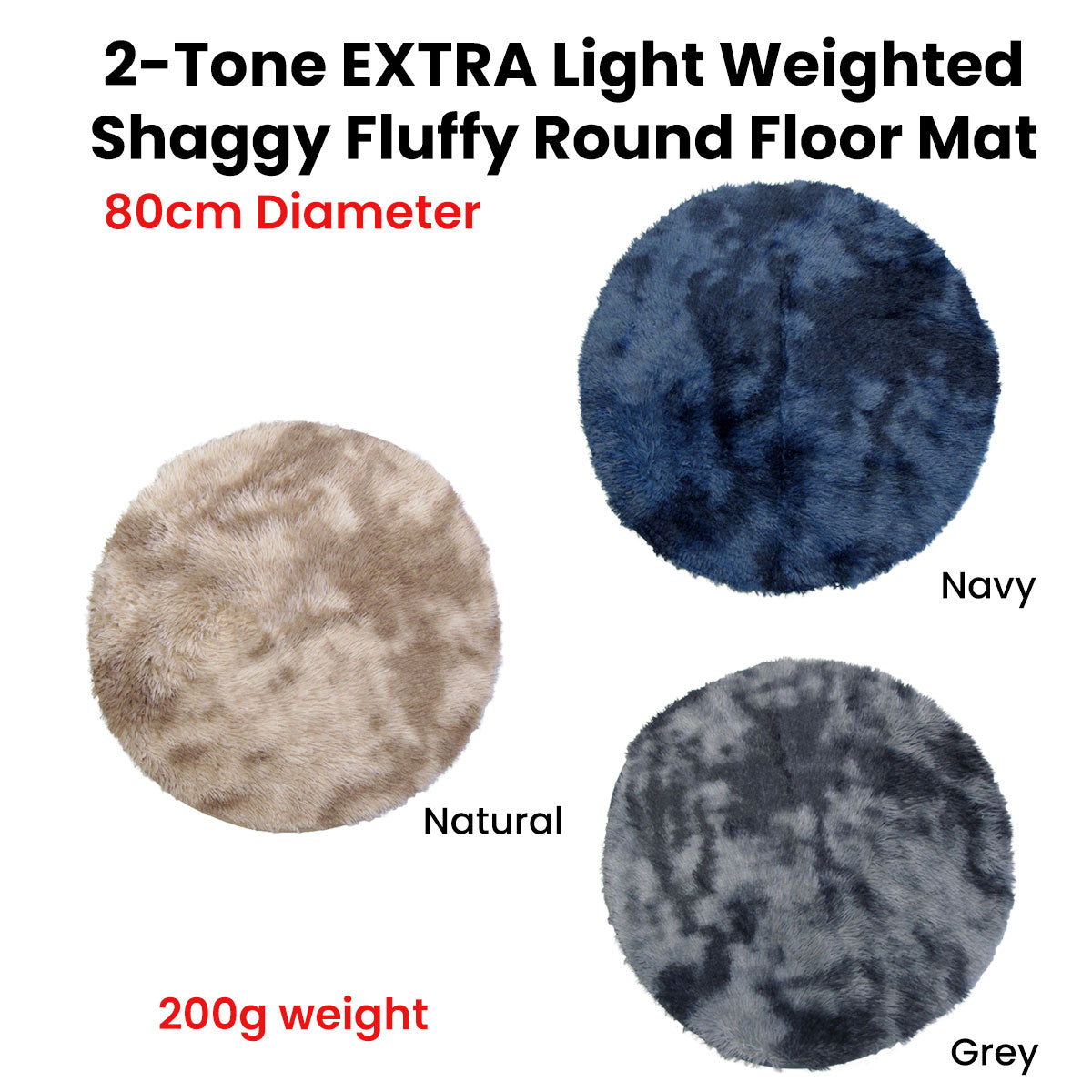 2-Toned Extra Light Weighted Shaggy Fluffy Floor Mat 80cm Diameter - Grey