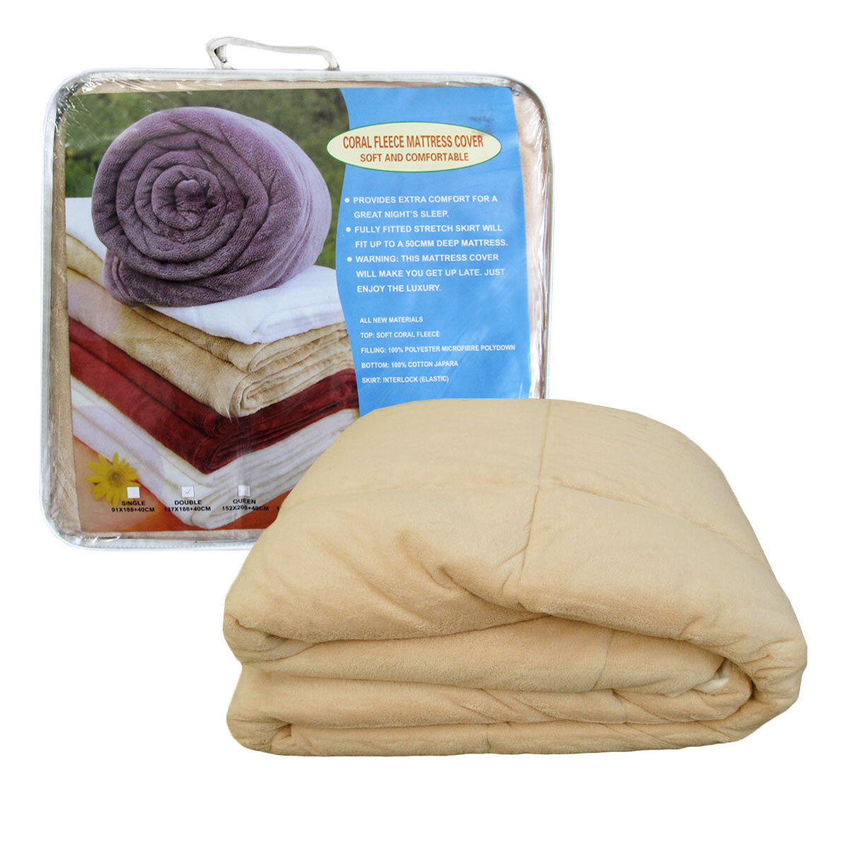 Sand Coral Fleece Soft and Warm Mattress Underlay 137 x 188 x 40cm - SuperSaverAU - view 1