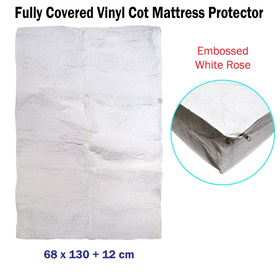 Fully Covered Vinyl Cot Mattress Protector Rose Embossed White 68 x 130 + 12 cm - SuperSaverAU - view 1