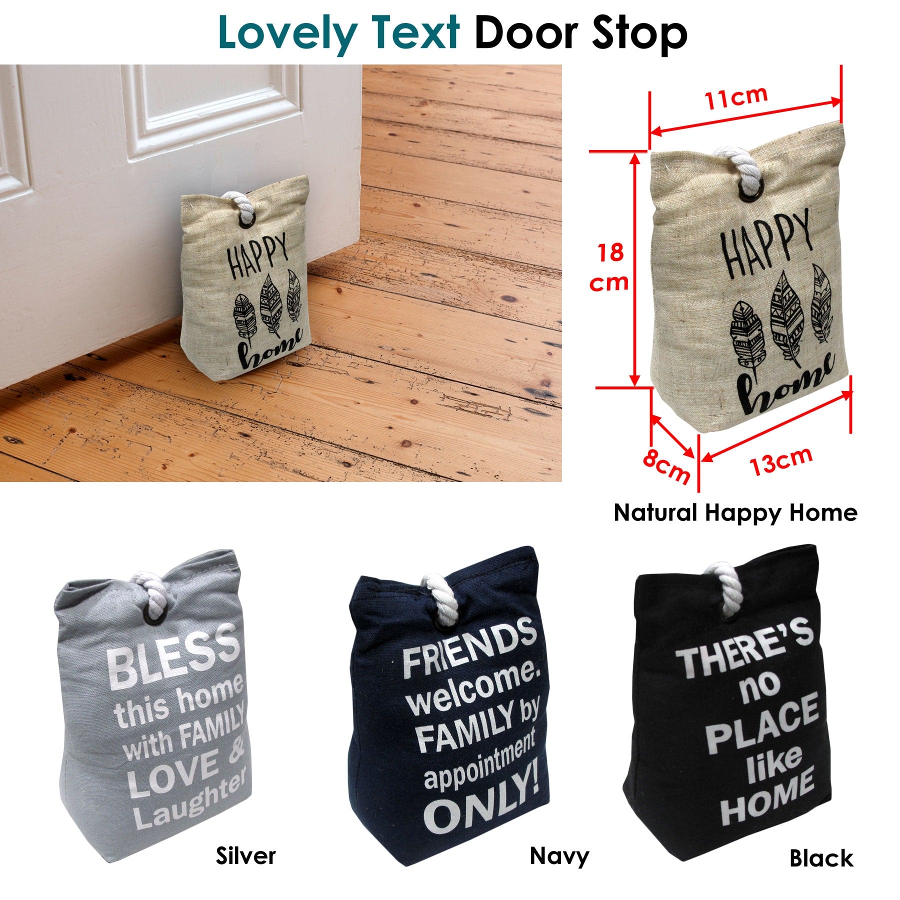 Cute Text Door Stop - 18 x 11 x 8 cm, 100% Cotton, Inspirational Design, 0.98kg - SuperSaverAU - view 1