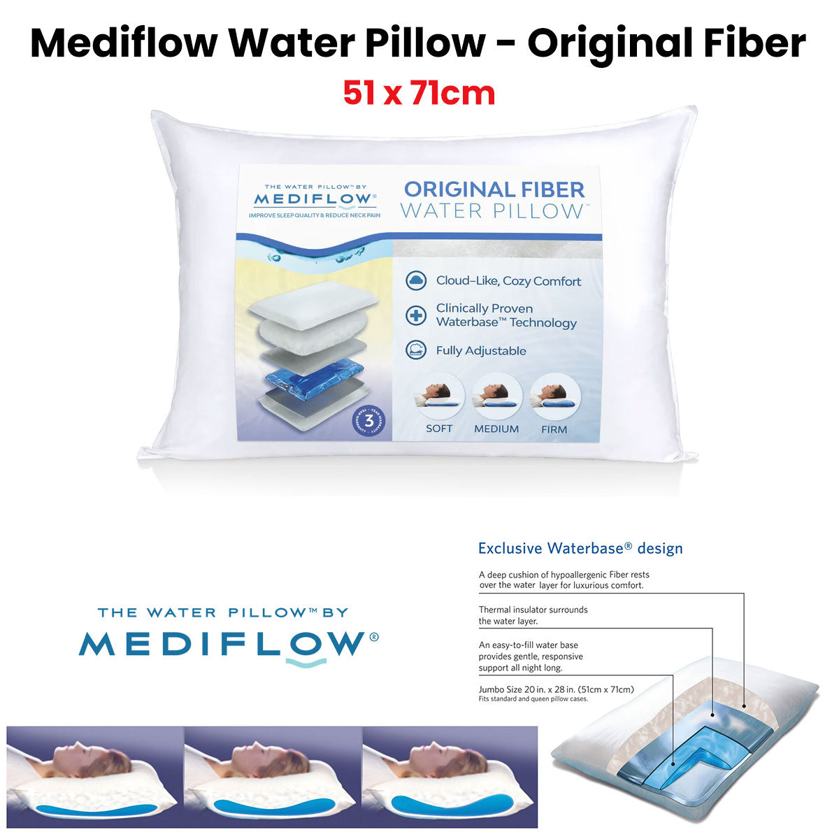 Mediflow Adjustable Waterbase Pillow for Neck Pain Reduction, Standard 51 x 71 cm - SuperSaverAU - view 1