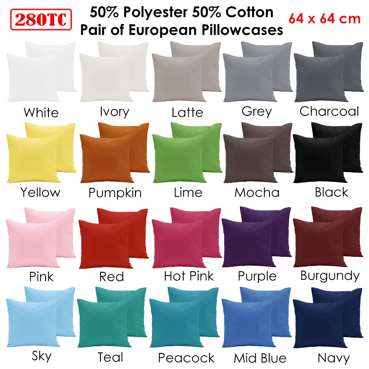 Teal 280TC Polyester Cotton European Pillowcases 64 x 64 cm - Set of 2