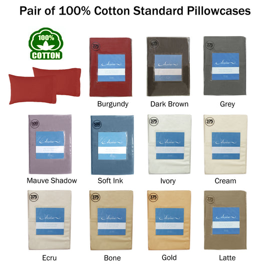 100% Cotton Standard Pillowcases 375TC Cream - Set of 2, Machine Washable