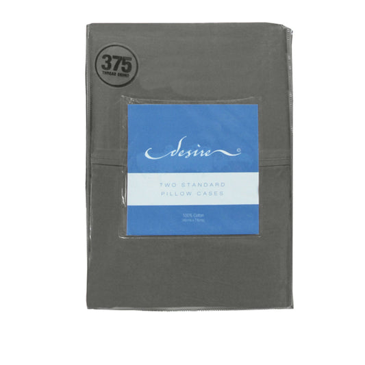 100% Cotton Standard Pillowcases 375TC Grey - Set of 2, Solid Colour Tone