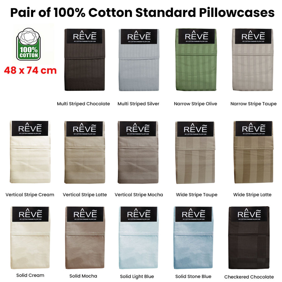 Reve 100% Cotton Standard Pillowcases 48 x 74 cm - Solid/Striped/Checkered Design - SuperSaverAU - view 1