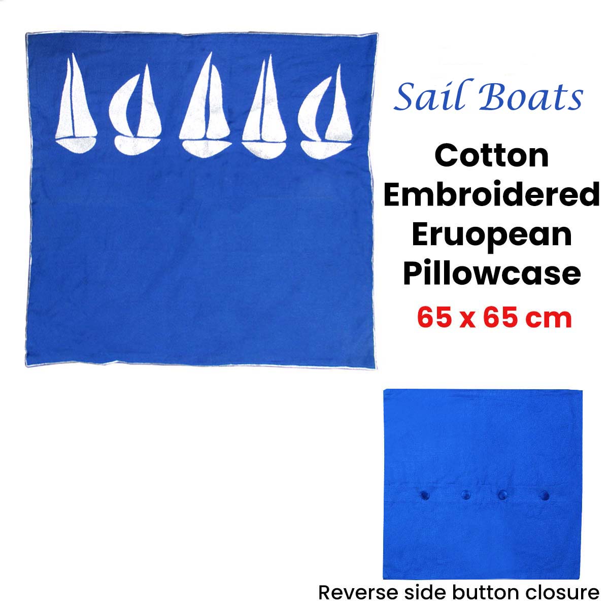 Sail Boats Cotton Embroidered European Pillowcase 65 x 65 cm - Blue & Silver - SuperSaverAU - view 2