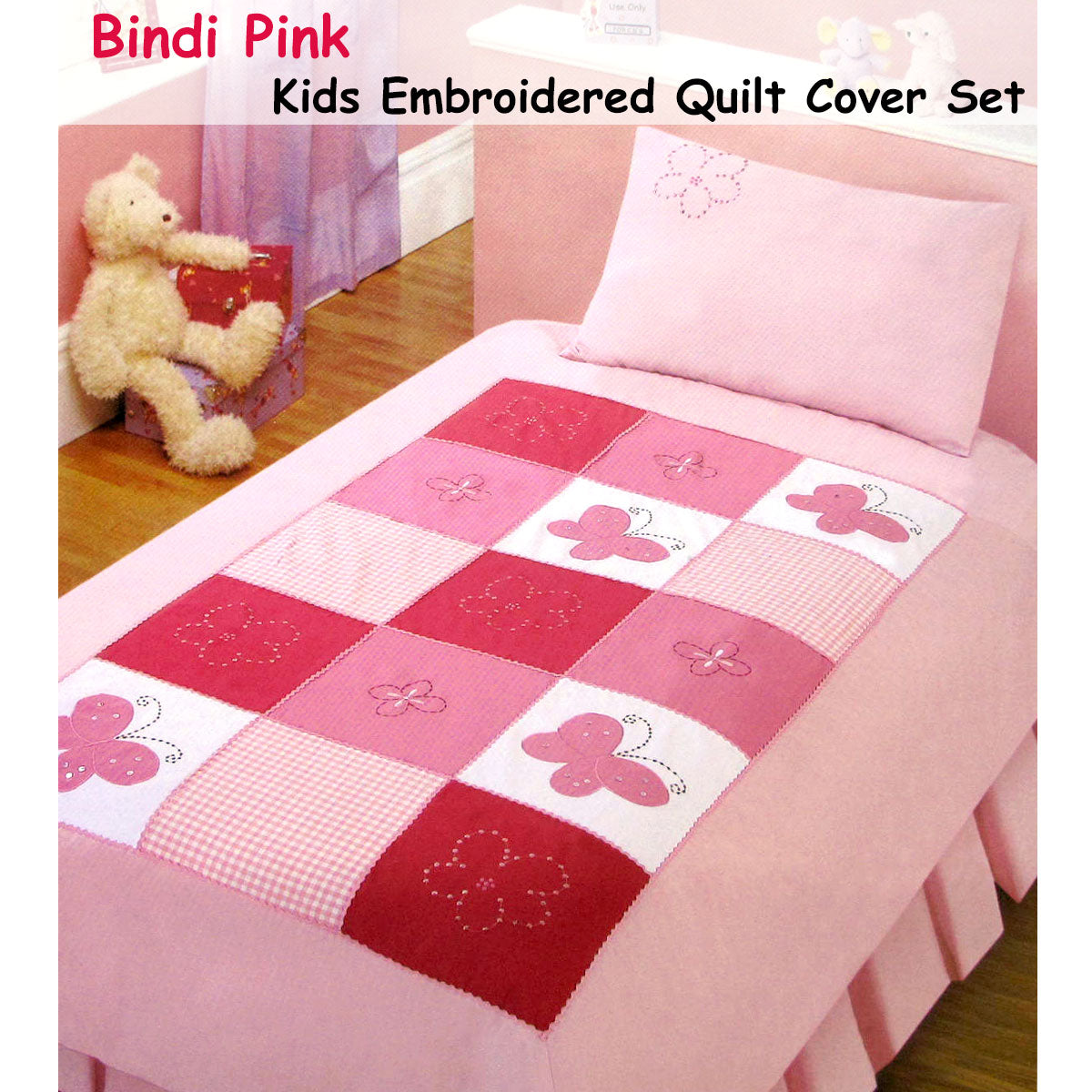 Bindi Butterfly Embroidered Quilt Cover Set Single - 140 x 210 cm, Pink - SuperSaverAU - view 1