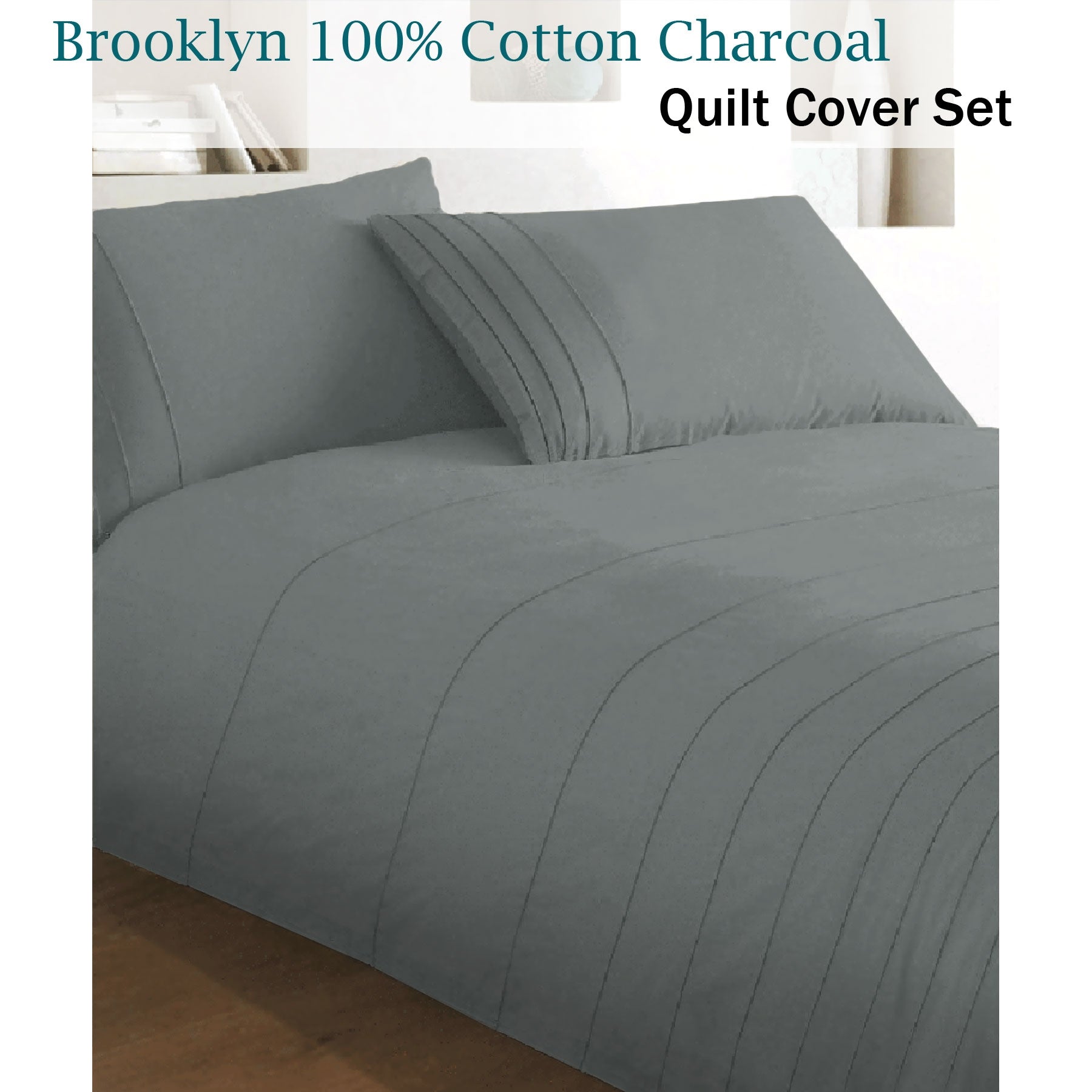Brooklyn 100% Cotton Quilt Cover Set Charcoal 240x210 cm with Pintucking Design - SuperSaverAU - view 2