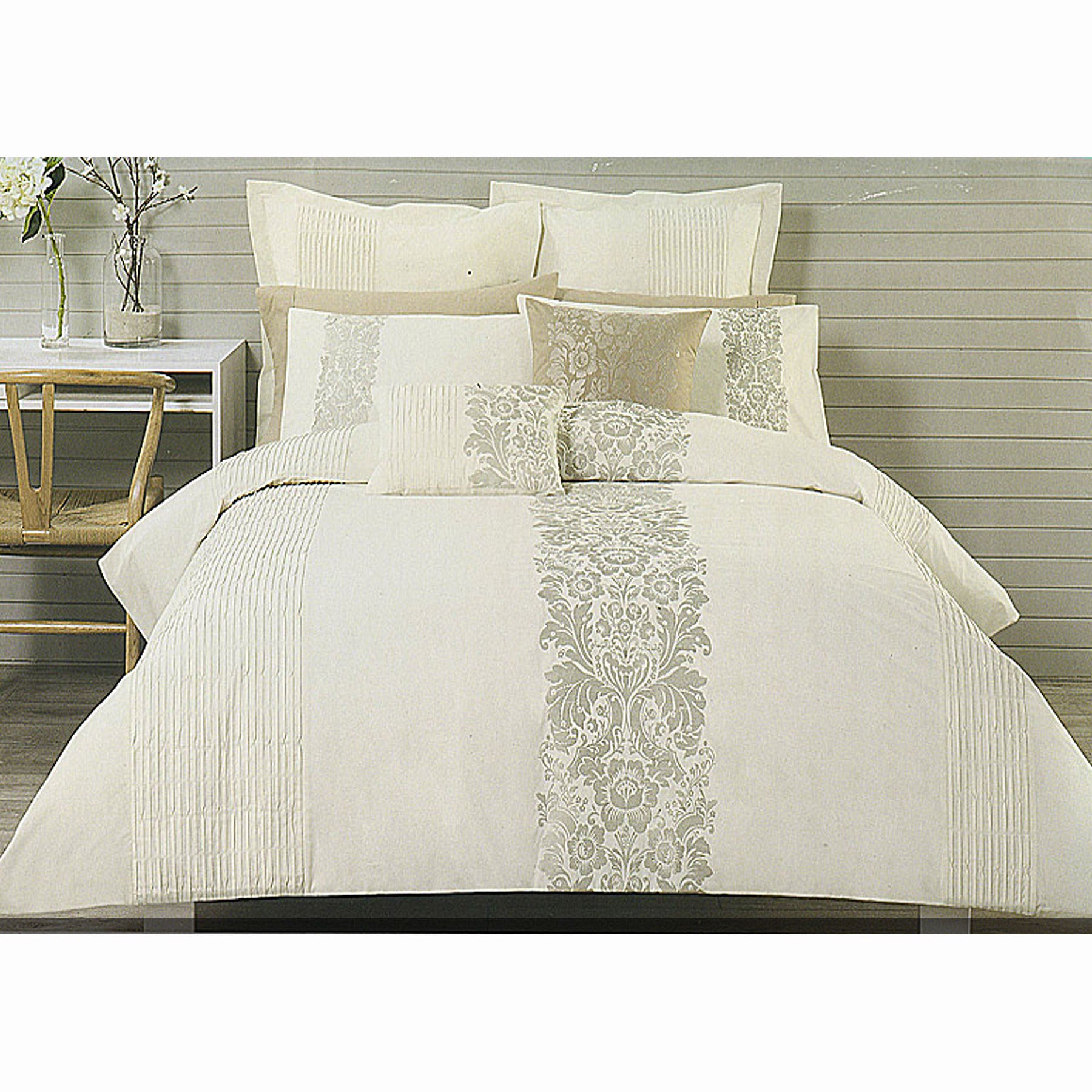 Catherine Cream Taupe Embroidery Quilt Cover Set Queen - Pintucking Trims - SuperSaverAU - view 1