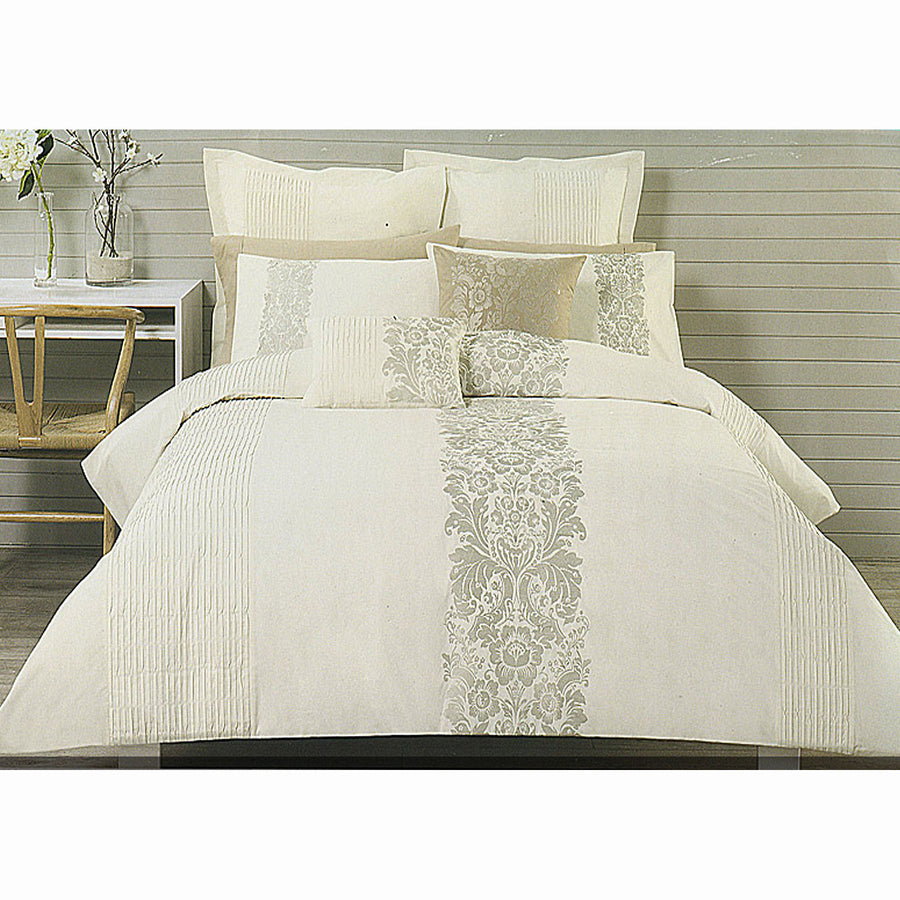 Catherine Cream Taupe Embroidery Quilt Cover Set Queen - Pintucking Trims - SuperSaverAU - view 1