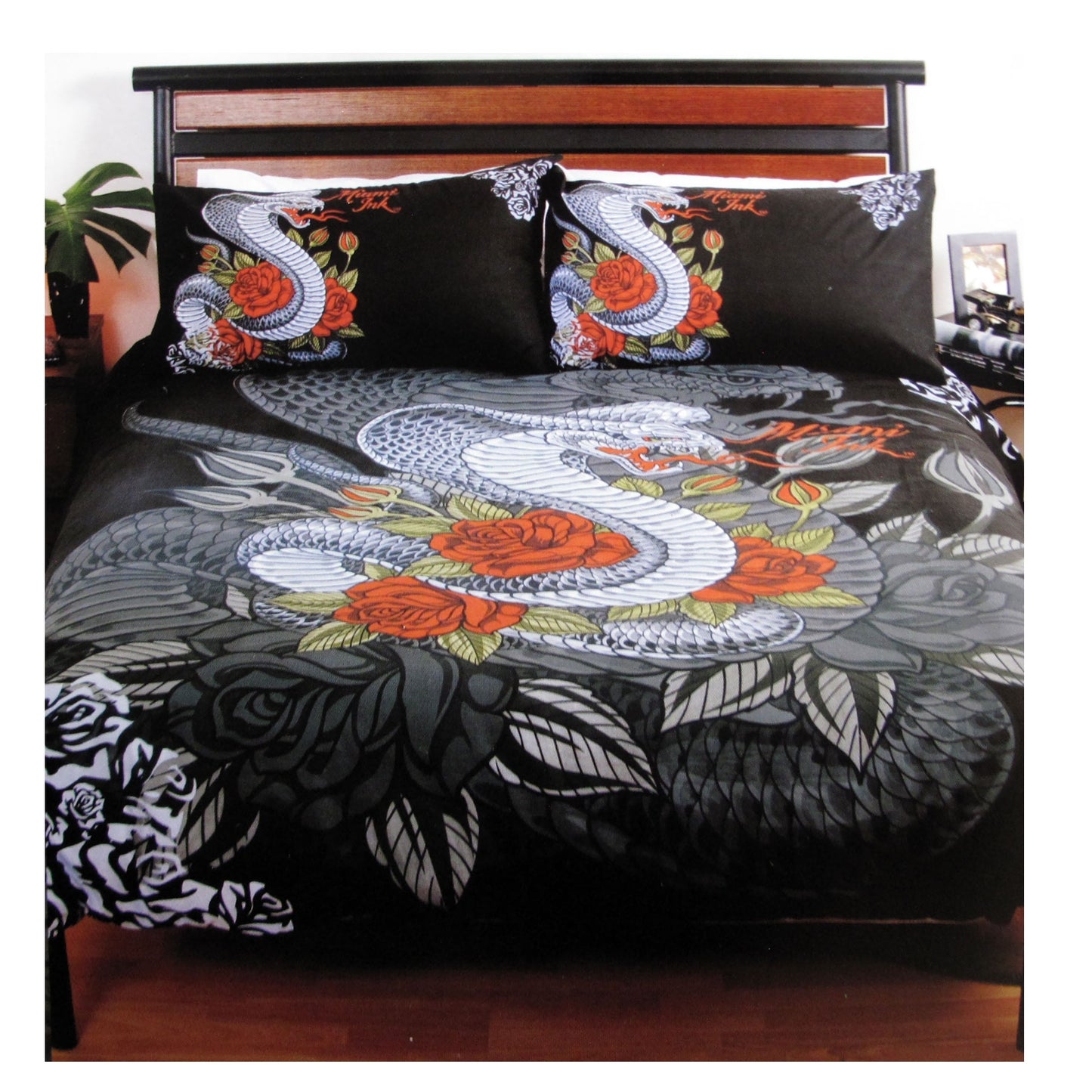 Miami Ink Cobra Black Quilt Cover Set Single - Cobra Print, Polyester Cotton Blend