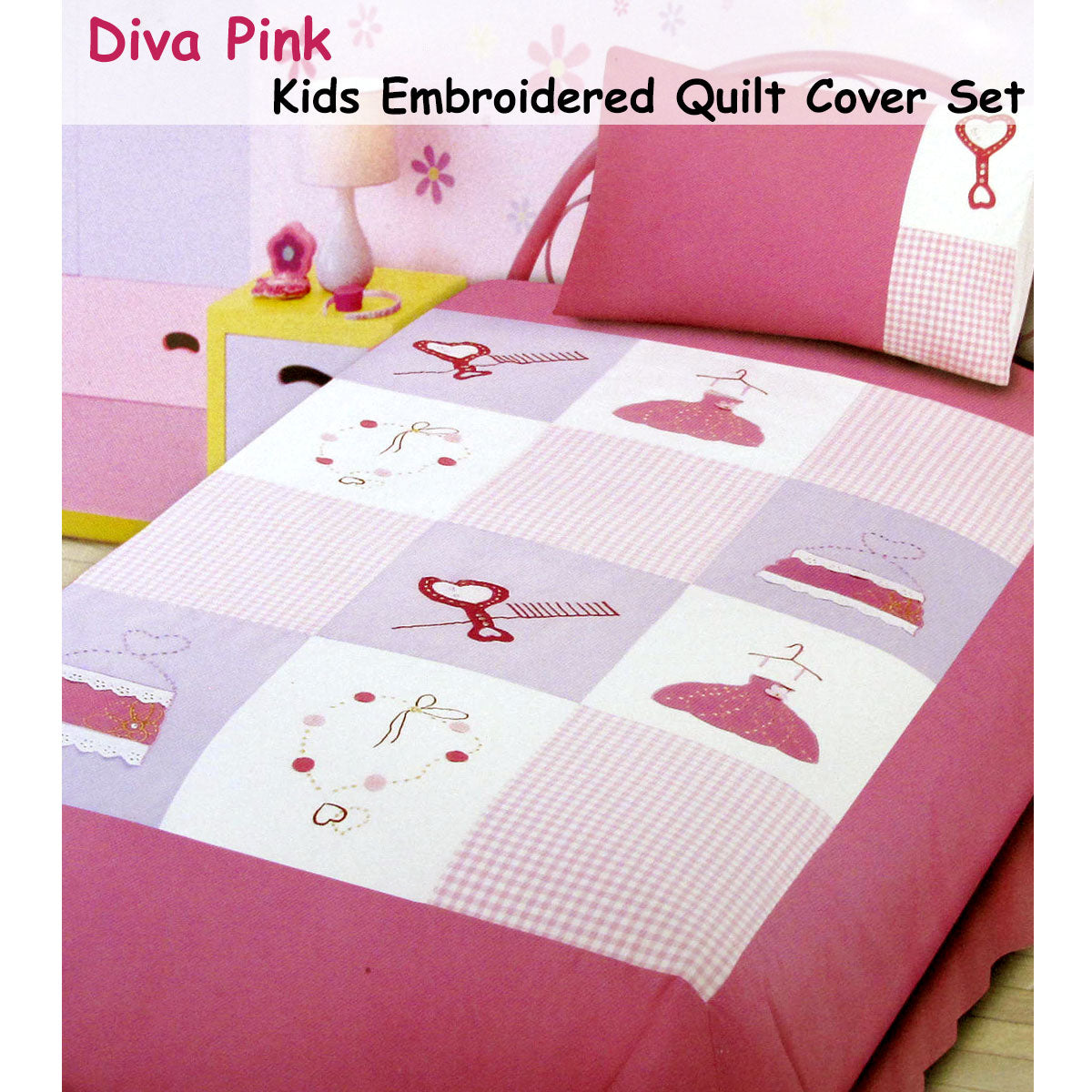 Diva Girls Accessories Embroidered Quilt Cover Set Single - 140 x 210 cm, Pink - SuperSaverAU - view 1