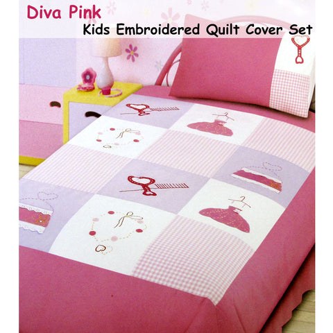 Diva Girls Accessories Embroidered Quilt Cover Set Single - 140 x 210 cm, Pink - SuperSaverAU - view 1
