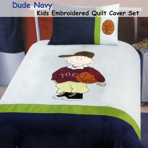 Dude Basketball Embroidered Quilt Cover Set Single - Applique Design, 140 x 210 cm - SuperSaverAU - view 1