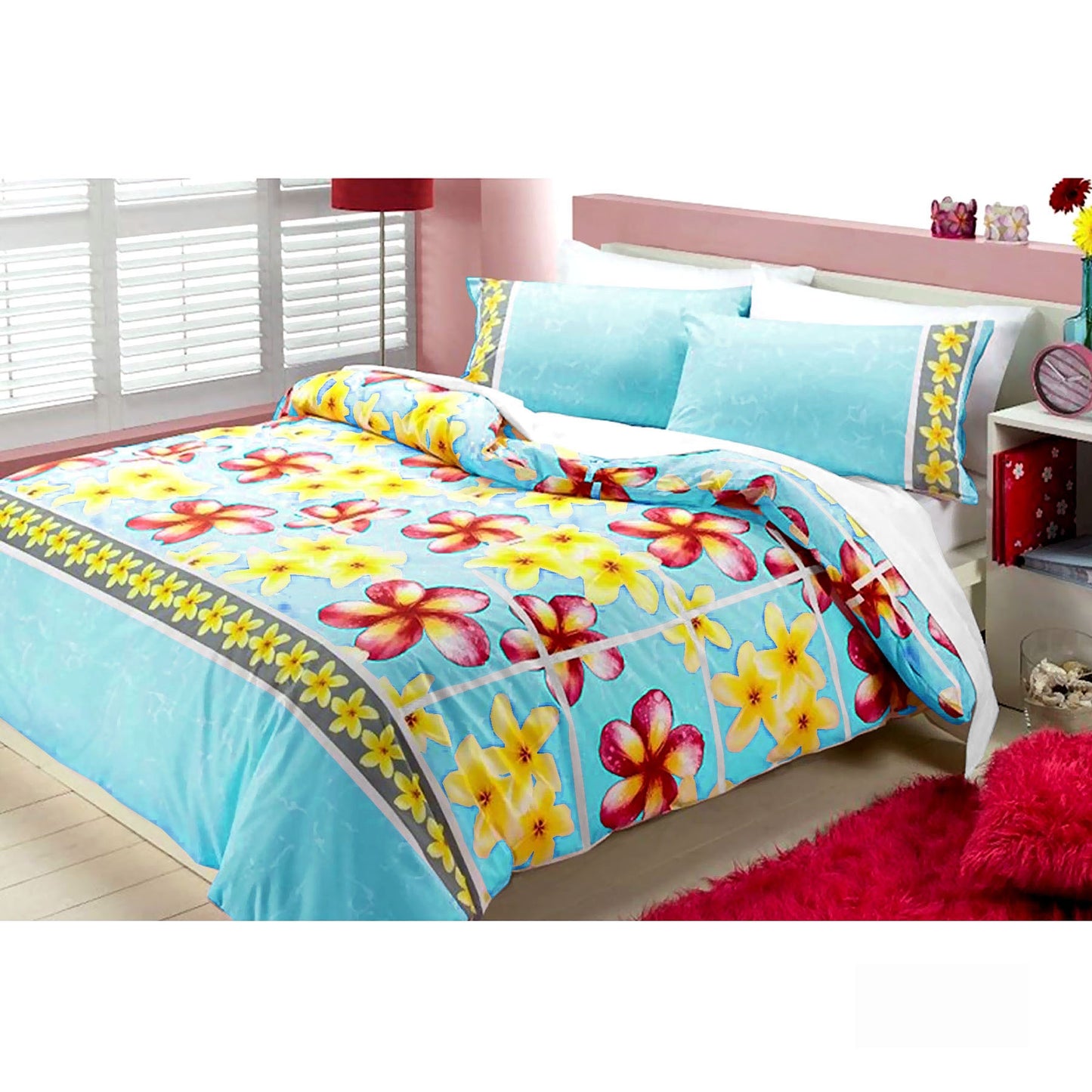 Frangipani Quilt Cover Set Single - Floral Print, 225TC Polyester Cotton, Aqua