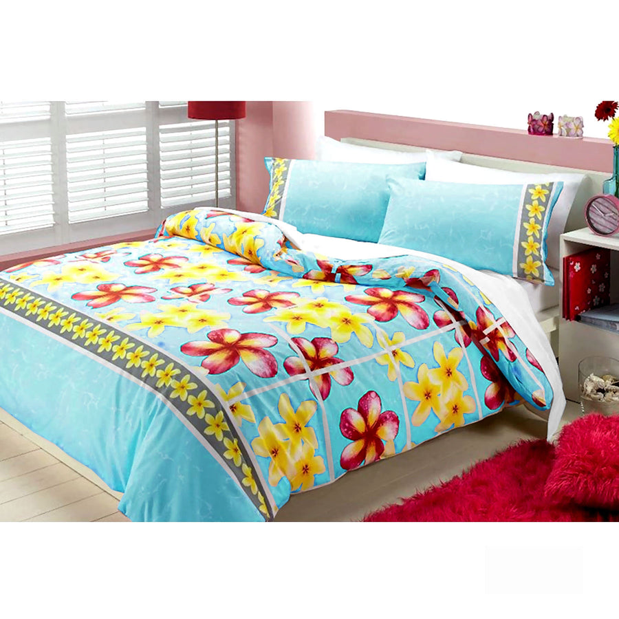 Frangipani Quilt Cover Set Single - Floral Print, 225TC Polyester Cotton, Aqua - SuperSaverAU - view 1
