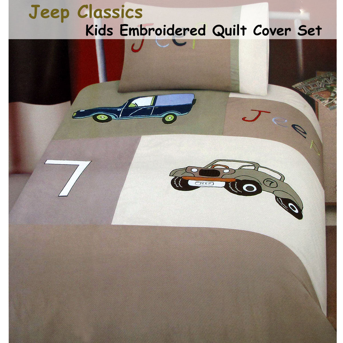 Jeep Classics Embroidered Quilt Cover Set Single 140x210 cm, Neutral Tones - SuperSaverAU - view 2