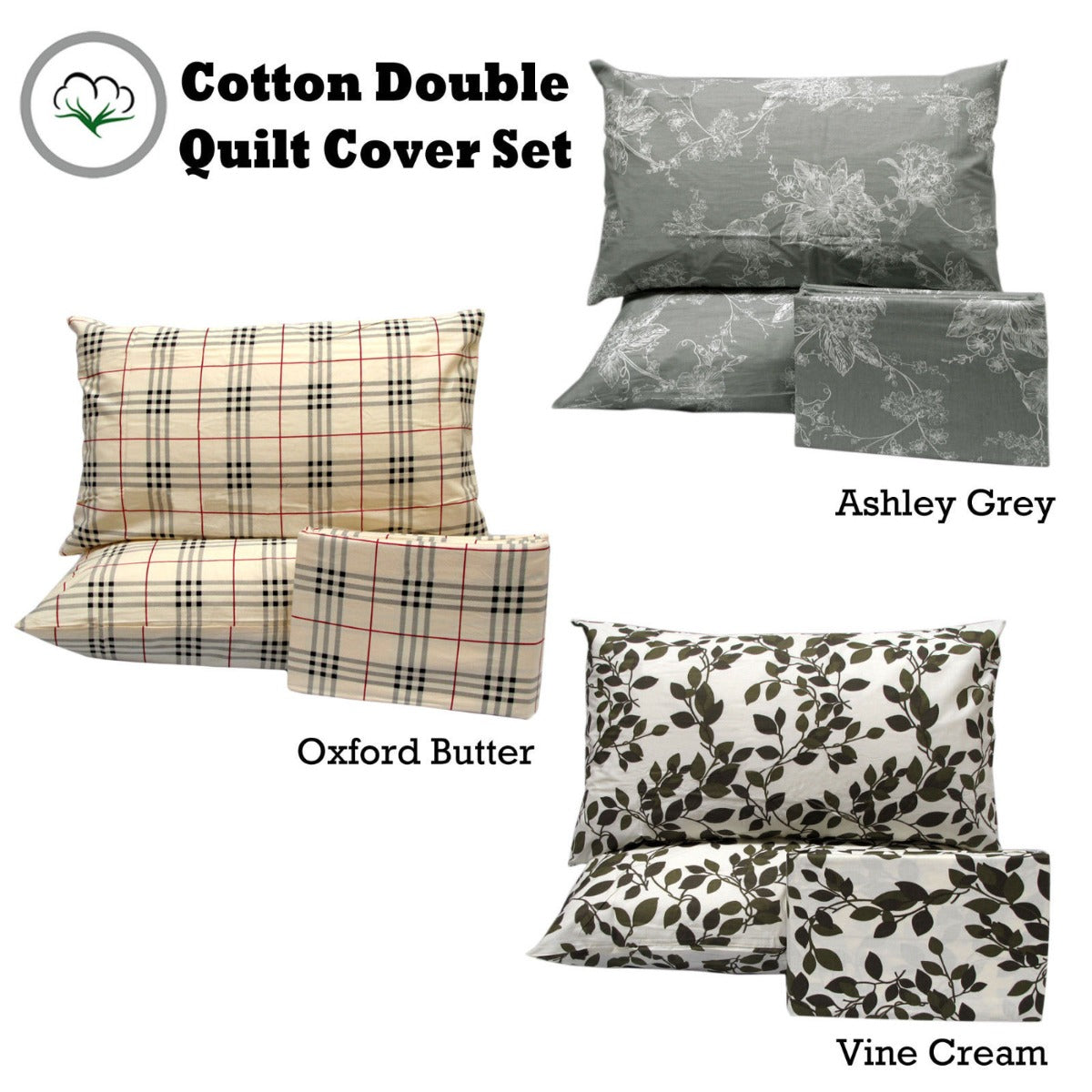 Pure Cotton Quilt Cover Set Double - Checked/Floral/Foliage Design - Ashley - SuperSaverAU - view 2
