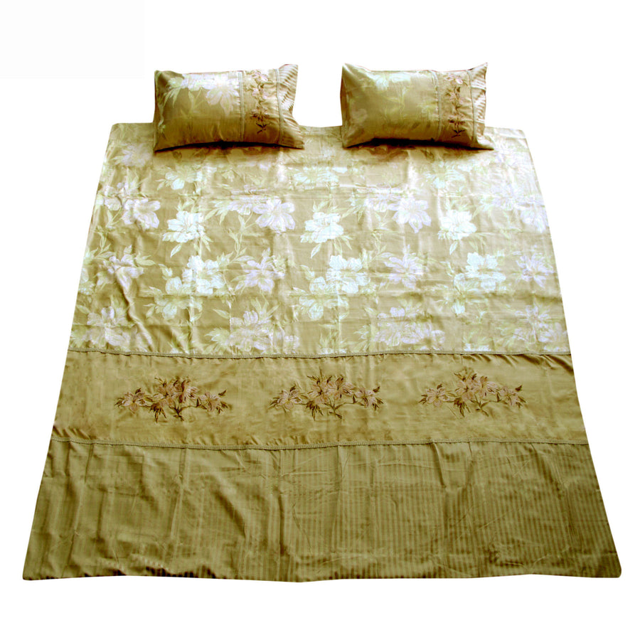 Monet Gold Embroidery Quilt Cover Set 210x210 cm with Floral Design & Ribbons - SuperSaverAU - view 1