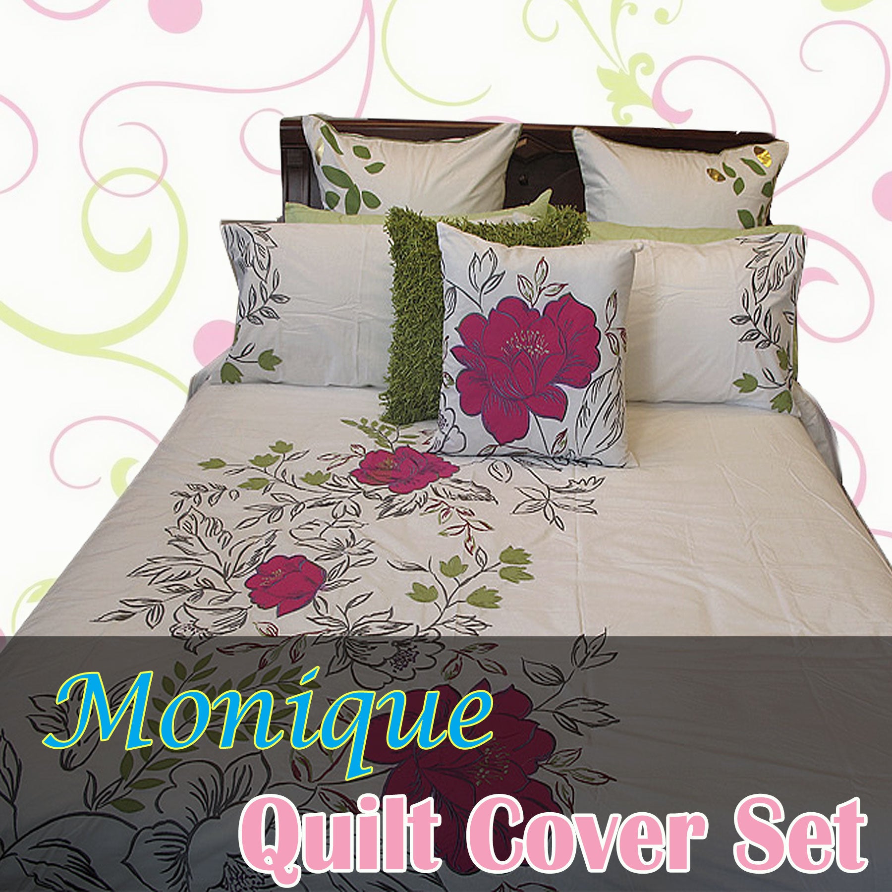 Monique Embroidery Quilt Cover Set King - Tropical Floral Design, 2 Pillowcases - SuperSaverAU - view 2