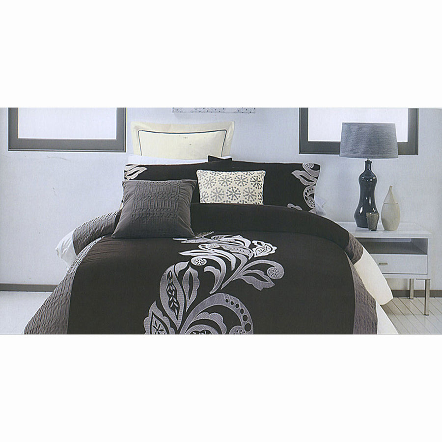 Pierre Black Grey Quilt Cover Set King - Embroidered Detailing, Pintucking Trims - SuperSaverAU - view 1