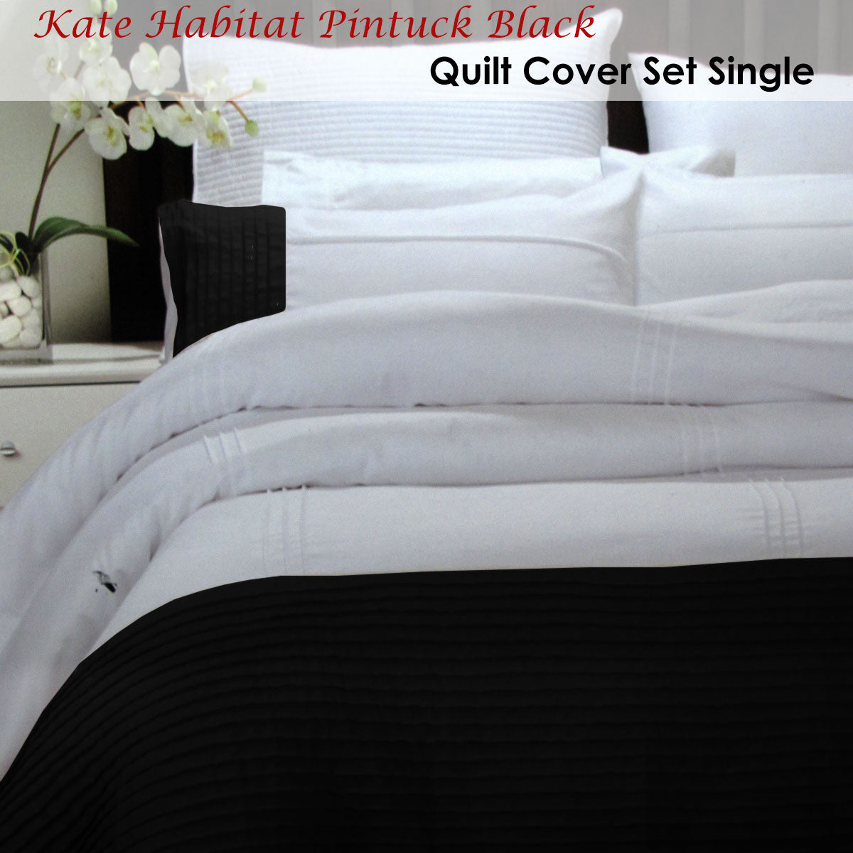 Pintuck Black Quilt Cover Set Single - 140 x 210 cm, Polyester, Machine Washable