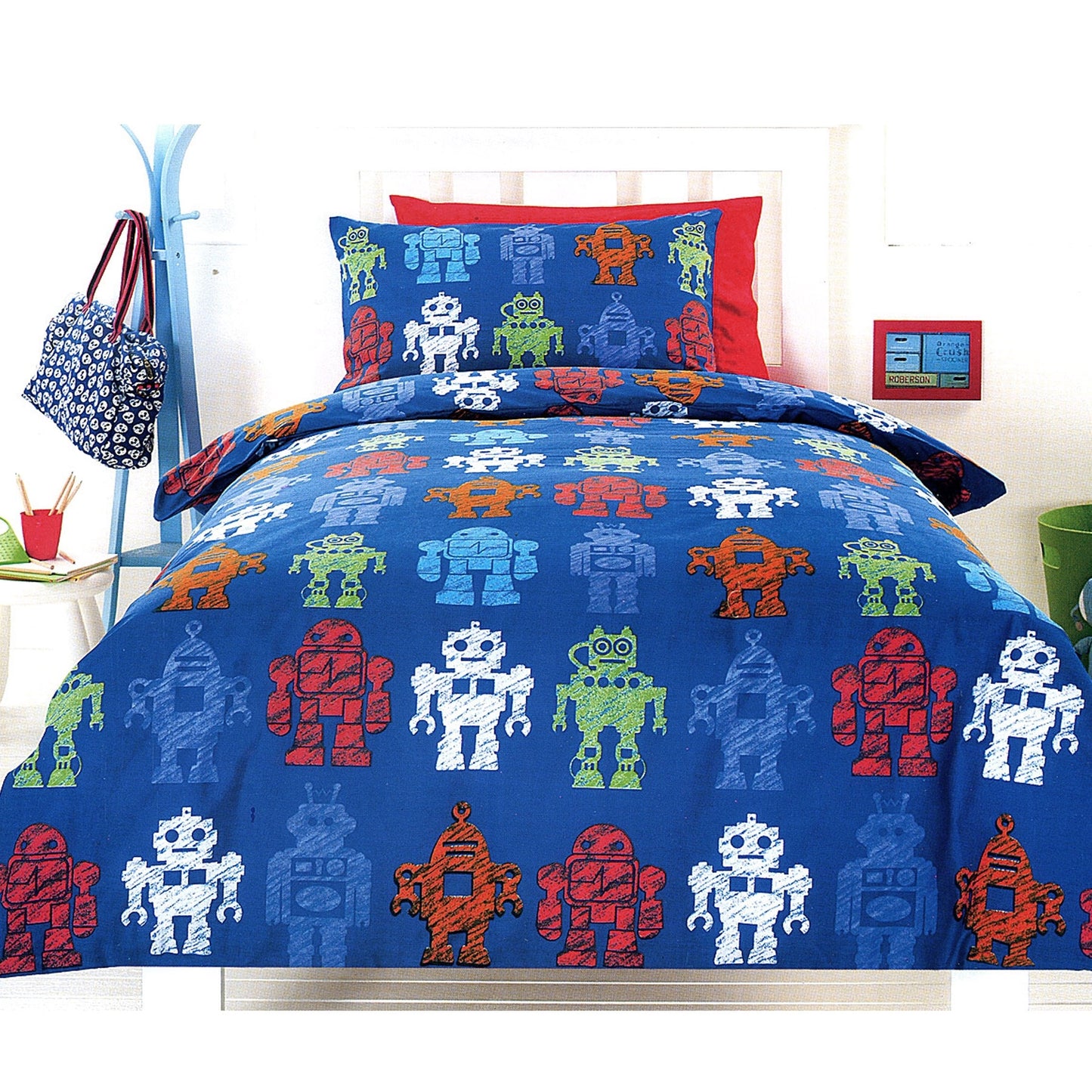 Robotic Blue Quilt Cover Set Single - Robots Print Design, 140 x 210 cm