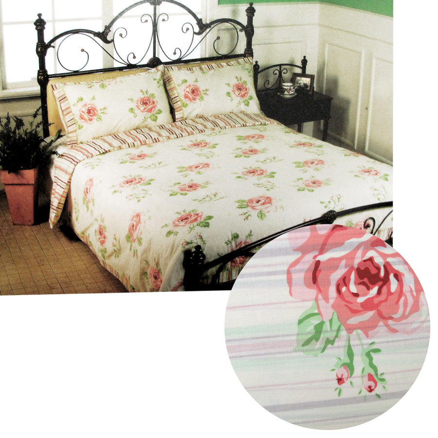 Cream Rosie Stripes Quilt Cover Set Queen - Floral Print, Polyester Cotton - SuperSaverAU - view 1