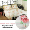 Cream Rosie Stripes Quilt Cover Set Queen - Floral Print, Polyester Cotton - SuperSaverAU - view 2