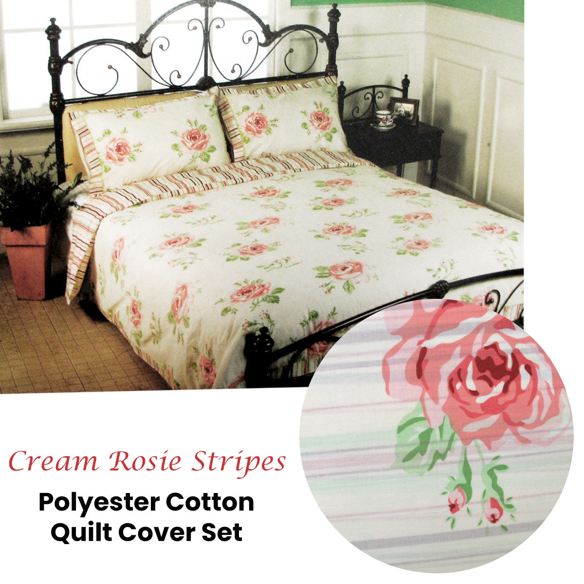 Cream Rosie Stripes Quilt Cover Set Queen - Floral Print, Polyester Cotton - SuperSaverAU - view 2