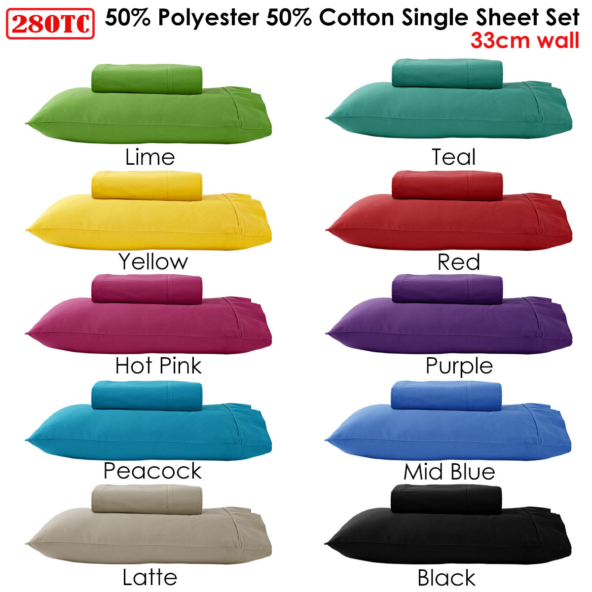 Mid Blue 280TC 50% Polyester 50% Cotton Sheet Set Single - Solid Colour Design