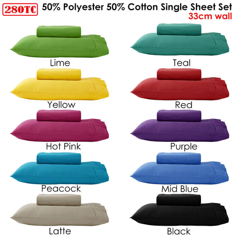Mid Blue 280TC 50% Polyester 50% Cotton Sheet Set Single - Solid Colour Design - SuperSaverAU - view 1