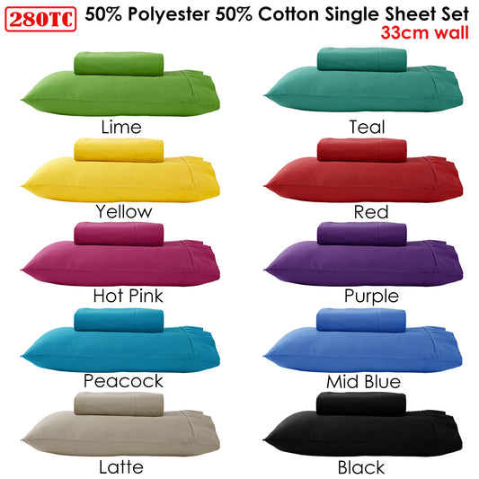 Mid Blue 280TC 50% Polyester 50% Cotton Sheet Set Single - Solid Colour Design