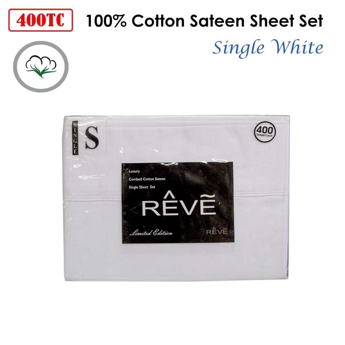 Reve 400TC 100% Cotton Sateen Sheet Set White Single - Smooth & Cozy