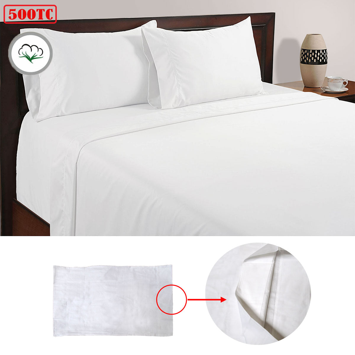 500TC 100% Cotton Sheet Set White Queen - Solid Colour Design, Machine Washable - SuperSaverAU - view 1