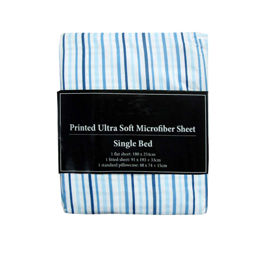Printed Ultra Soft Microfiber Sheet Set Single 90gsm Blue Lines 180x254 cm - SuperSaverAU - view 1