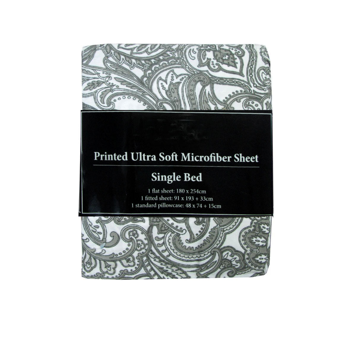 Printed Microfiber Sheet Set Single Grey Paisley 90gsm - 3 Pieces - SuperSaverAU - view 1