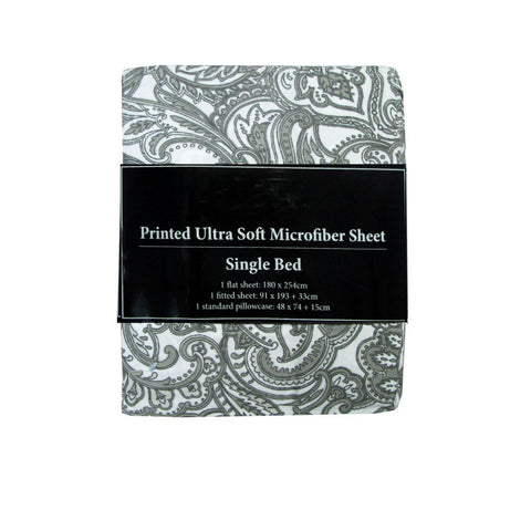 Printed Microfiber Sheet Set Single Grey Paisley 90gsm - 3 Pieces - SuperSaverAU - view 1