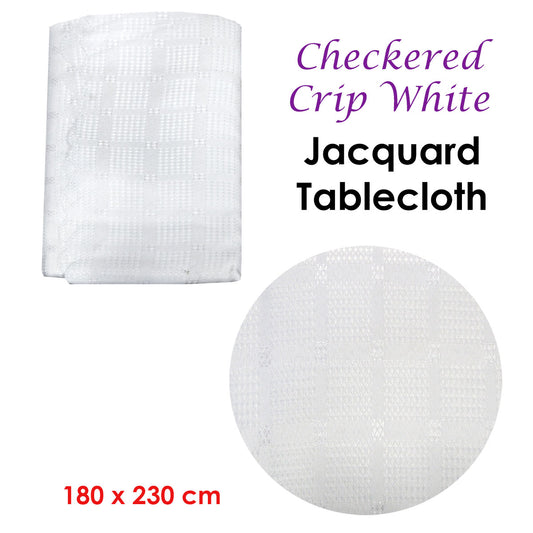 Checkered Crisp White Luxury Jacquard Tablecloth 180 x 230 cm - Stain Resistant, Machine Washable