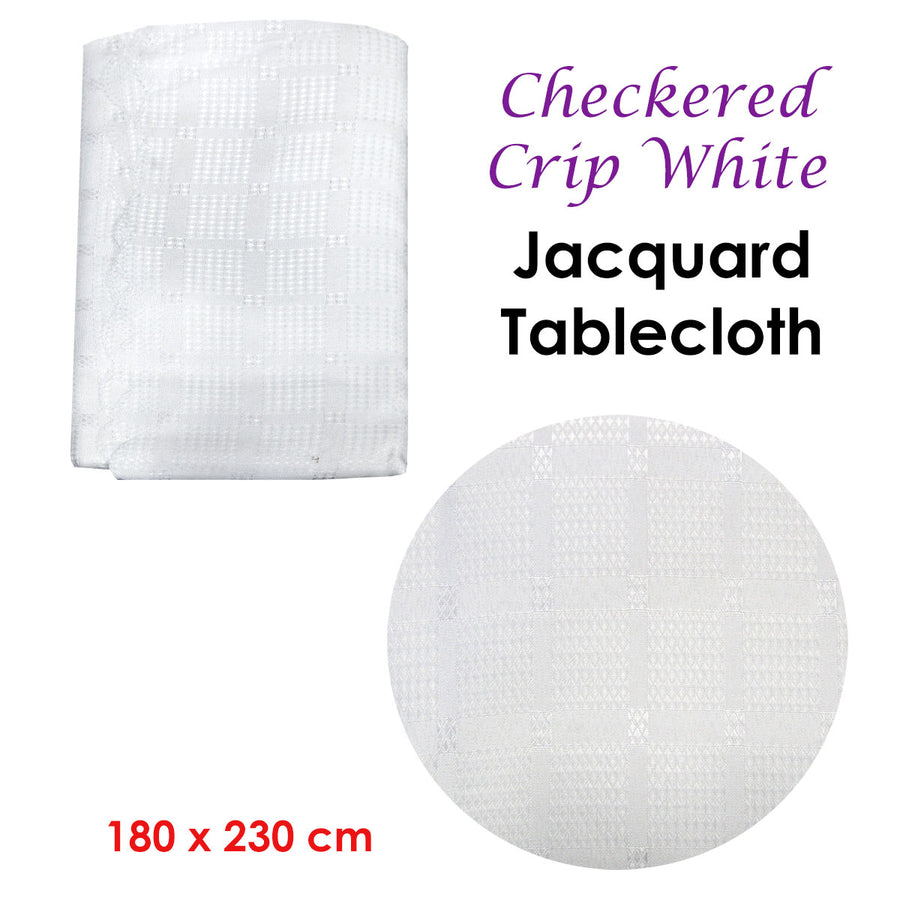 Checkered Crisp White Luxury Jacquard Tablecloth 180 x 230 cm - Stain Resistant, Machine Washable - SuperSaverAU - view 1