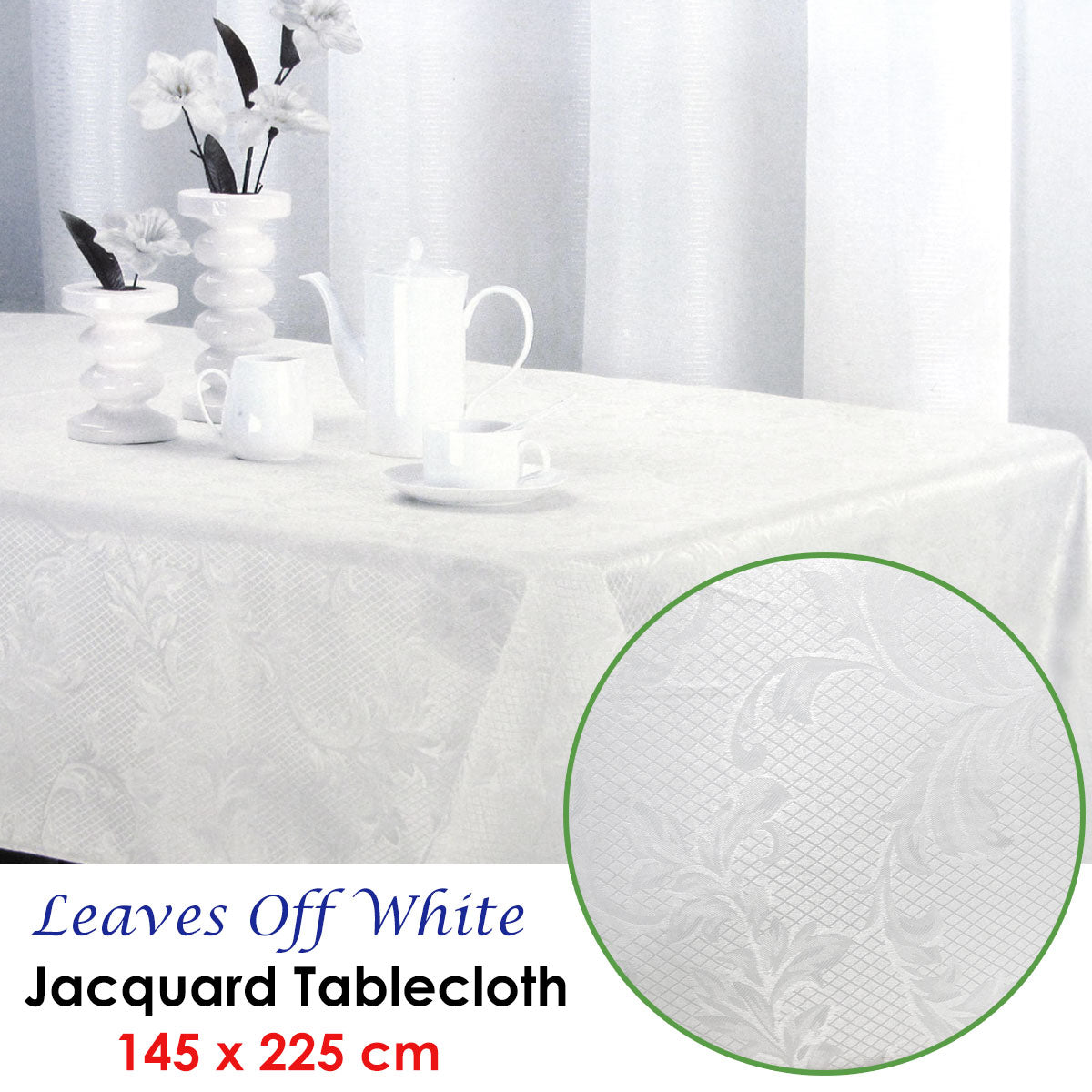 Leaves Off White Luxury Jacquard Tablecloth 145 x 225 cm - Stain Resistant, Machine Washable