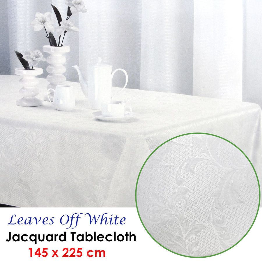 Leaves Off White Luxury Jacquard Tablecloth 145 x 225 cm - Stain Resistant, Machine Washable - SuperSaverAU - view 1