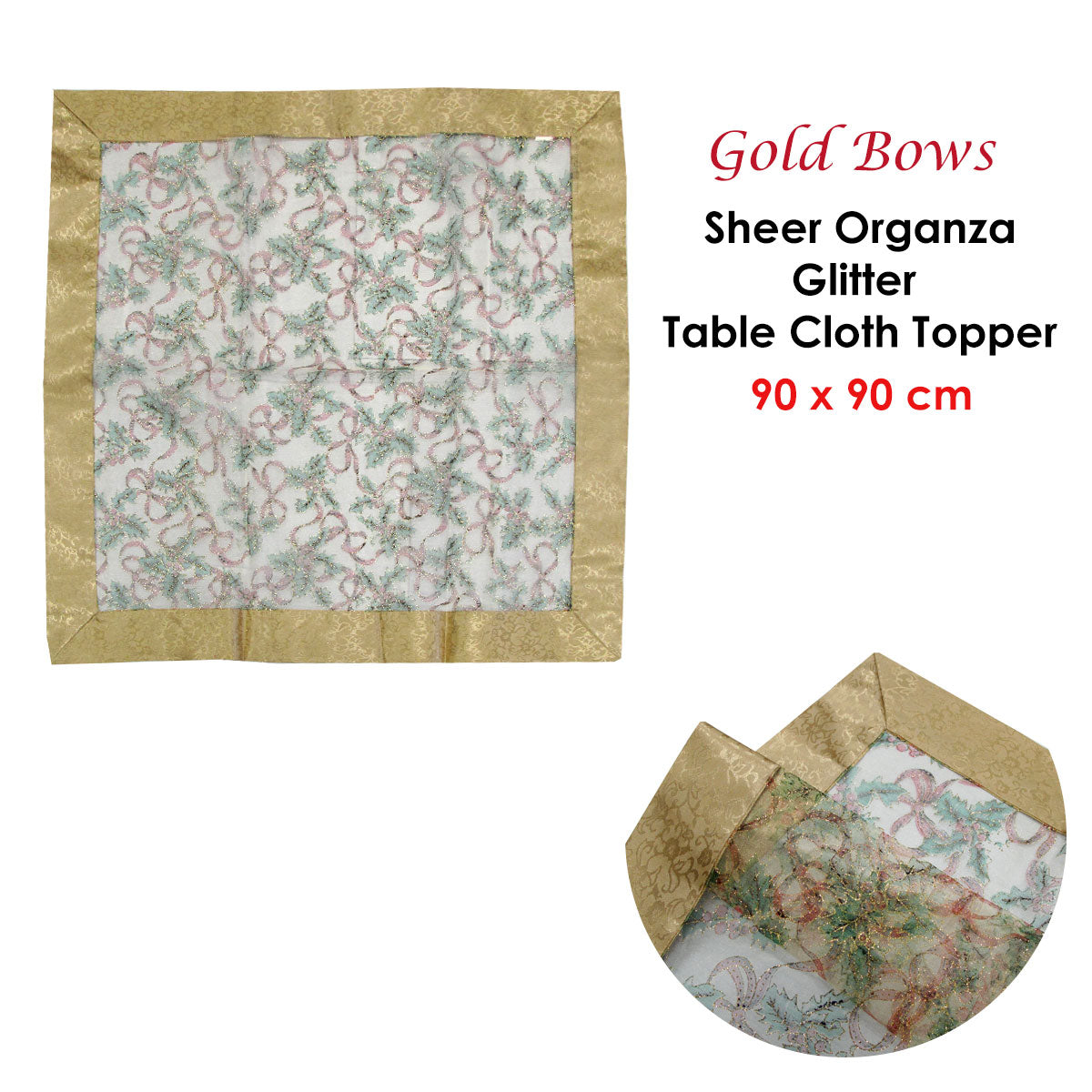 Christmas Gold Bows Sheer Organza Glitter Table Cloth Topper 90 x 90 cm - SuperSaverAU - view 2