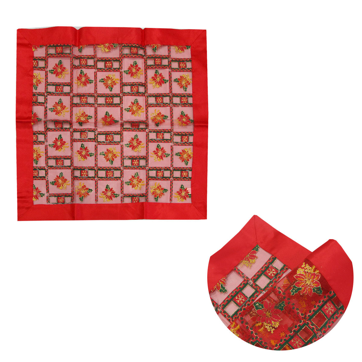 Christmas Red Festival Floral Sheer Organza Glitter Table Cloth Topper 90 x 90 cm - SuperSaverAU - view 1