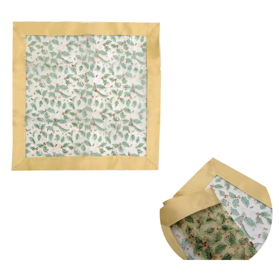 Christmas Gold Holly Sheer Organza Glitter Table Cloth Topper 90 x 90 cm - SuperSaverAU - view 1