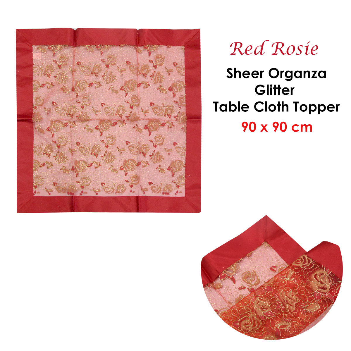 Christmas Red Rosie Sheer Organza Glitter Table Cloth Topper 90 x 90 cm - SuperSaverAU - view 2