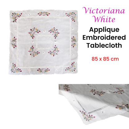 Victoriana White Applique Embroidered Table Topper 85 x 85 cm - Floral Design
