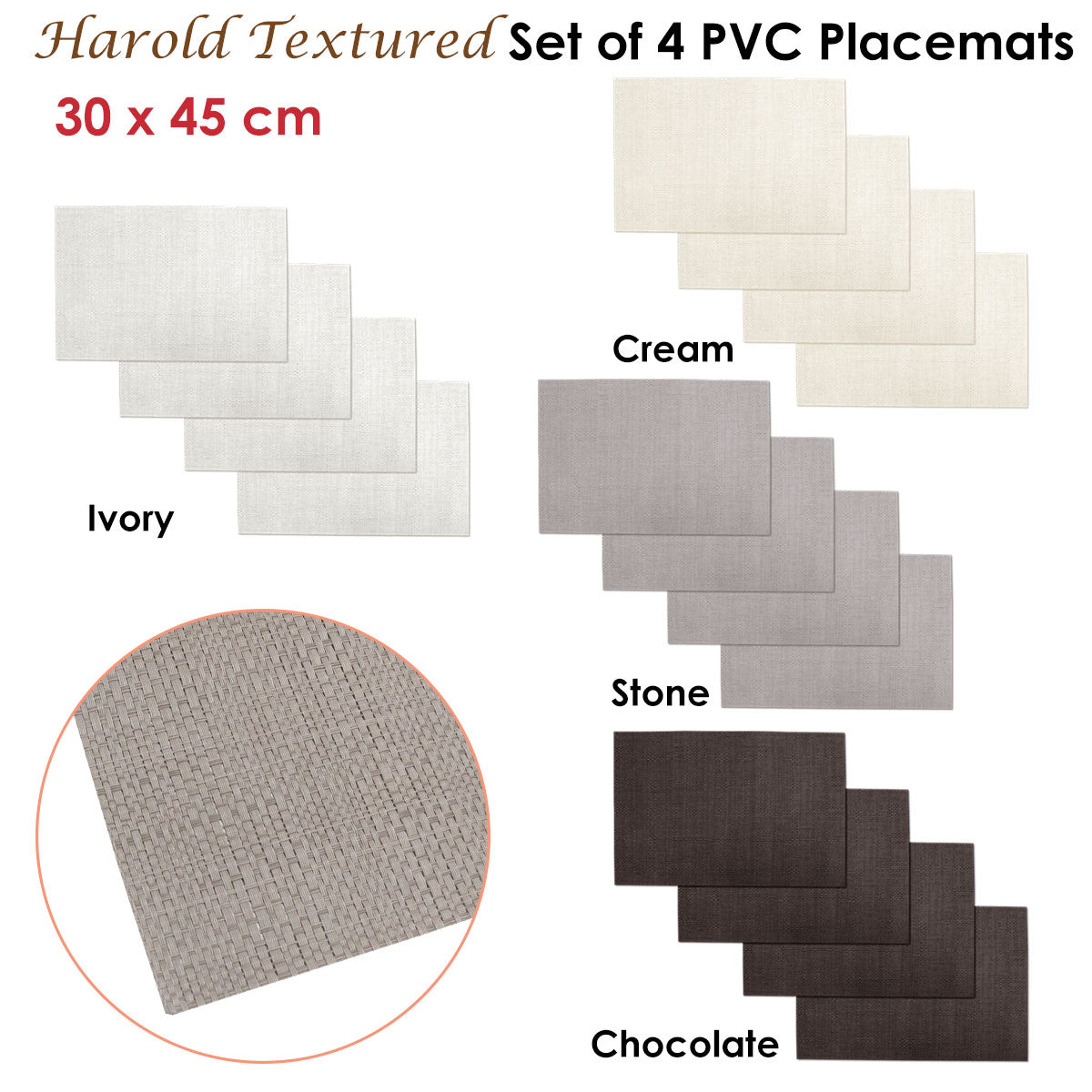 Choice Set of 4 Harold Textured PVC Table Placemats 45 x 30 cm - Neutral Tones