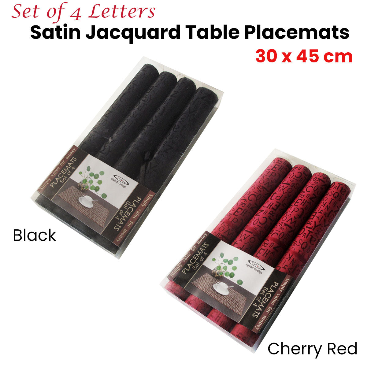 Set of 4 Black Jacquard Satin Letters Table Placemats 30 x 45cm - SuperSaverAU - view 1
