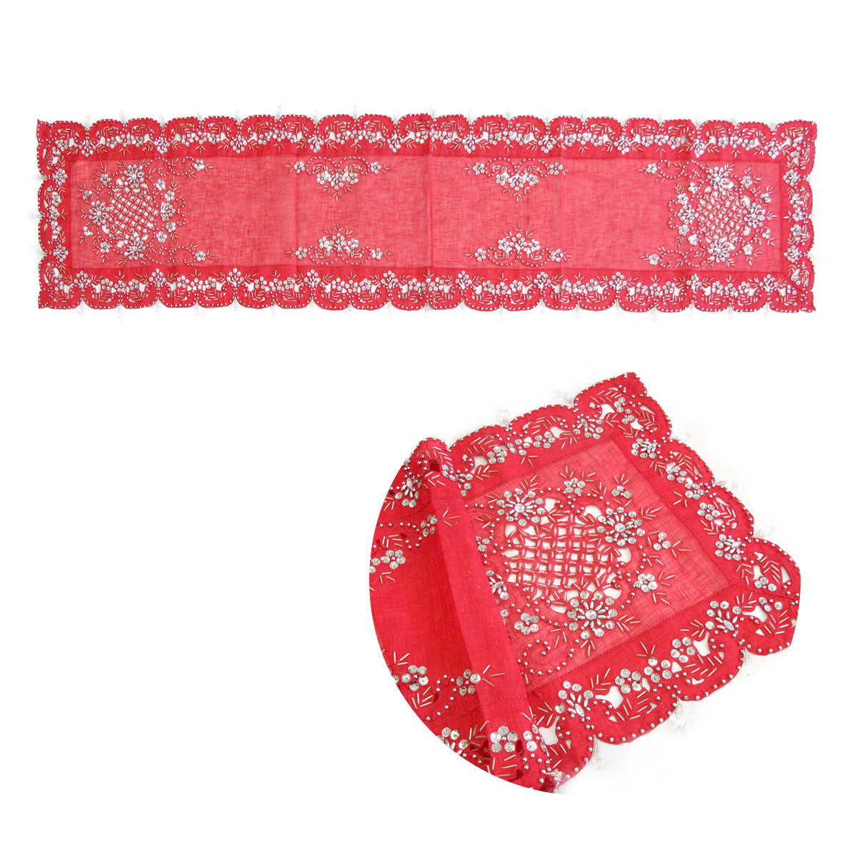 Aurora Beaded Table Runner Diamonte Sequin 40 x 180 cm Red, Elegant Design